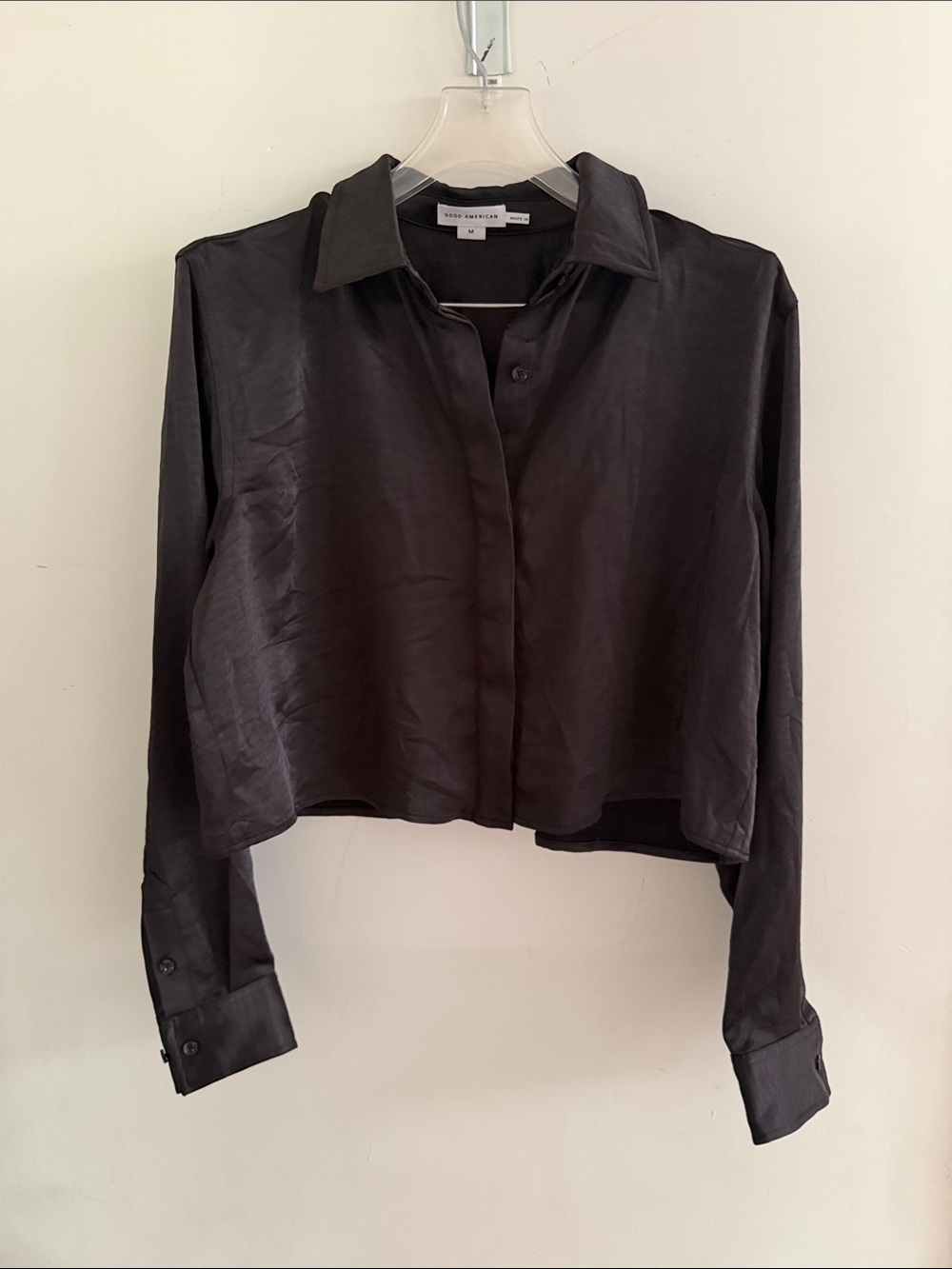 Good American Dark Brown Cropped Satin Button-Down Shirt medium